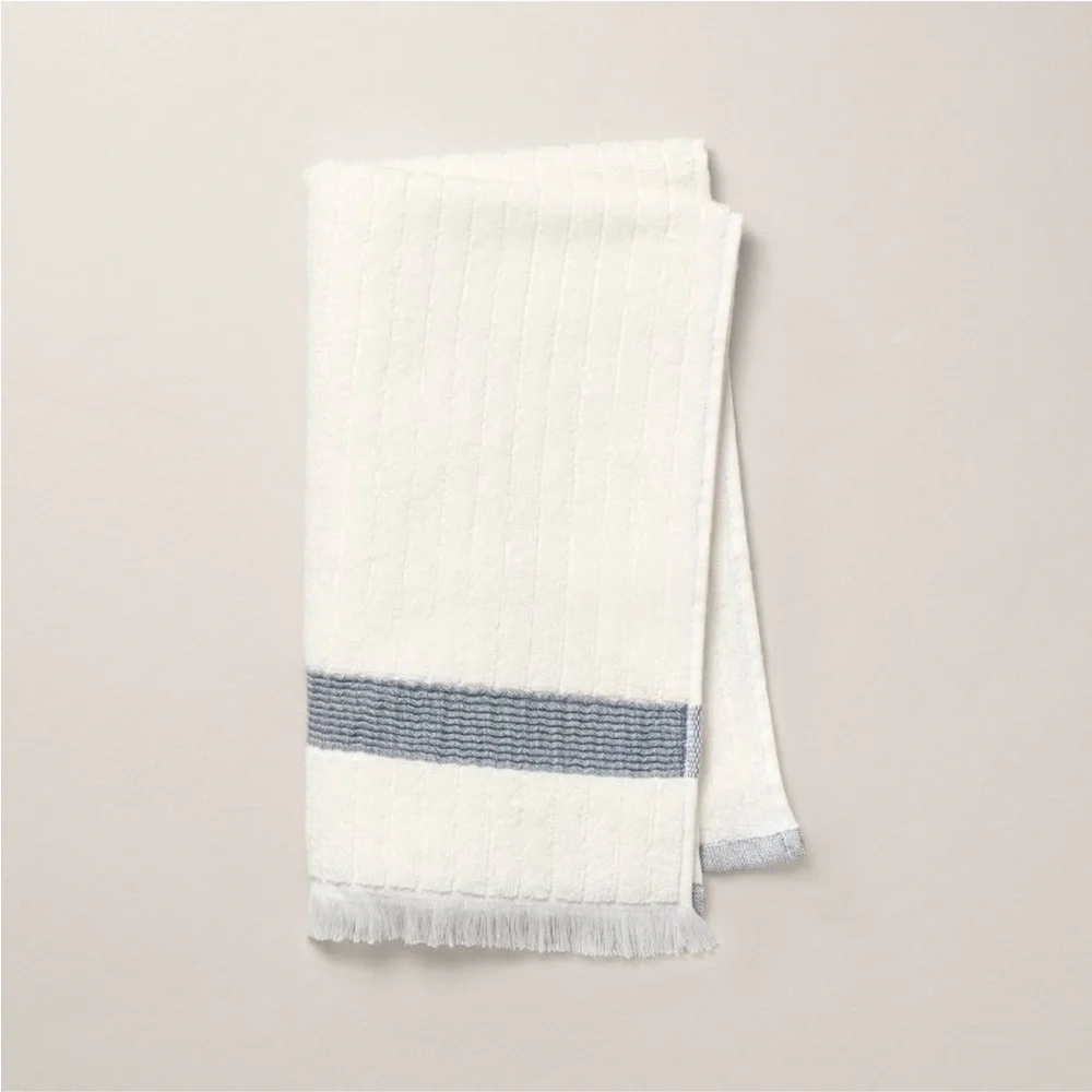 HEARTH & HAND NWT textured stripe terry hand towel W/ fringe -blue